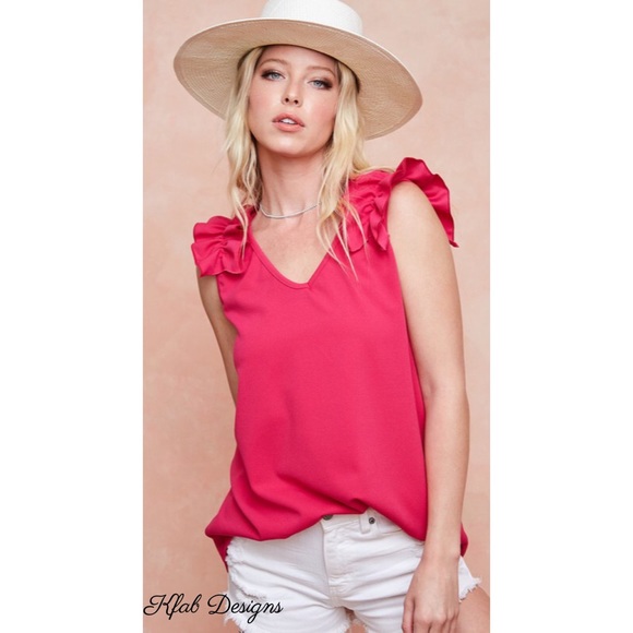 Tops - ❤️LAST!  V Neck Fuchsia Crepe Knit Ruffle Top!